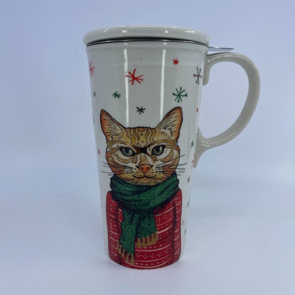 preppy christmas cat double wall ceramic tall mug with Infuser & lid